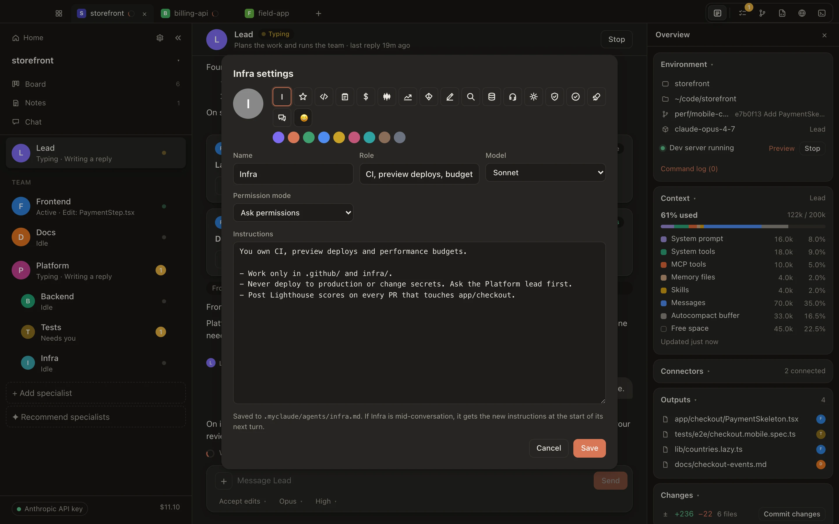 Infra's settings: name, role, model Sonnet, permission mode Ask permissions, and instructions to work only in .github and infra and never deploy to production.