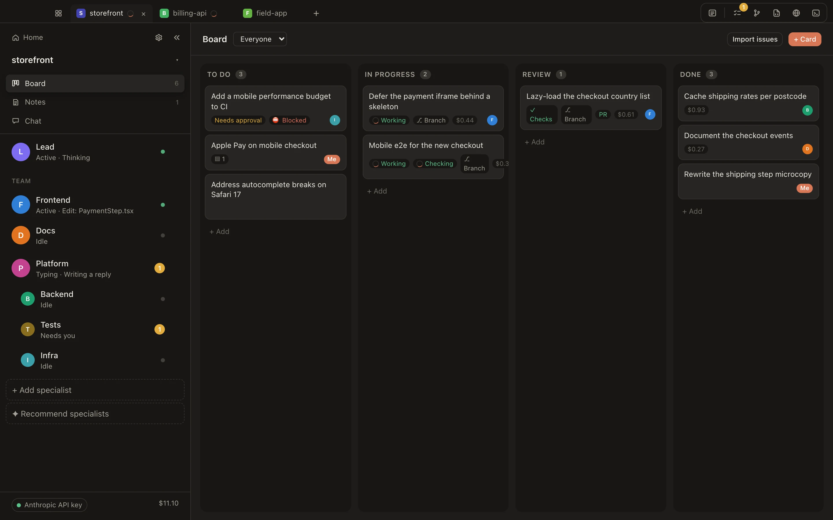 The storefront board: seven agents in the sidebar, and cards in To do, In progress, Review and Done with owners, Working and Needs approval states, a Blocked chip, branch and PR chips, checks and cost.