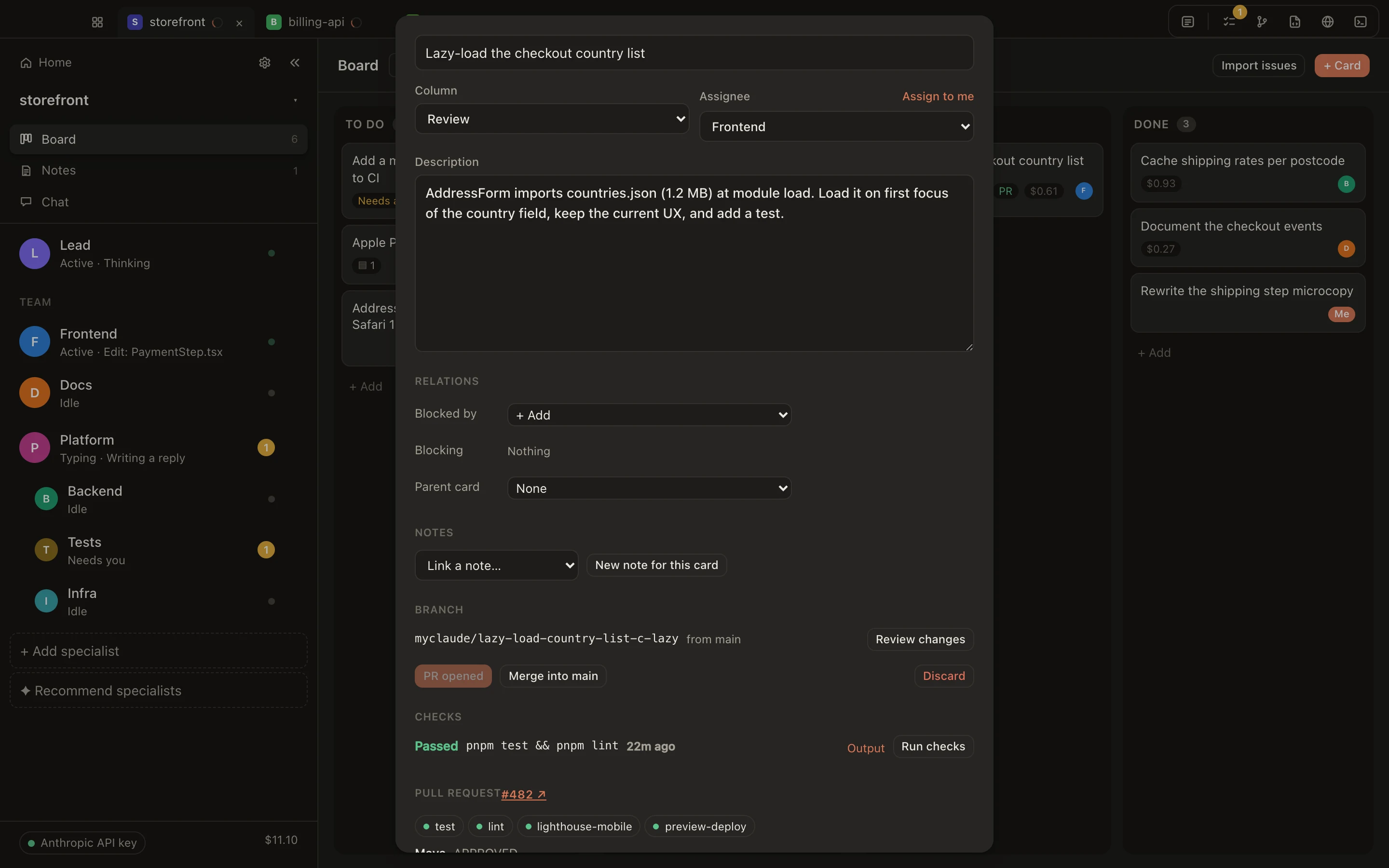 A card's branch, checks and pull request: myclaude/lazy-load-country-list from main, PR opened, Merge into main, checks passed for pnpm test and pnpm lint, PR #482 with four passing checks.