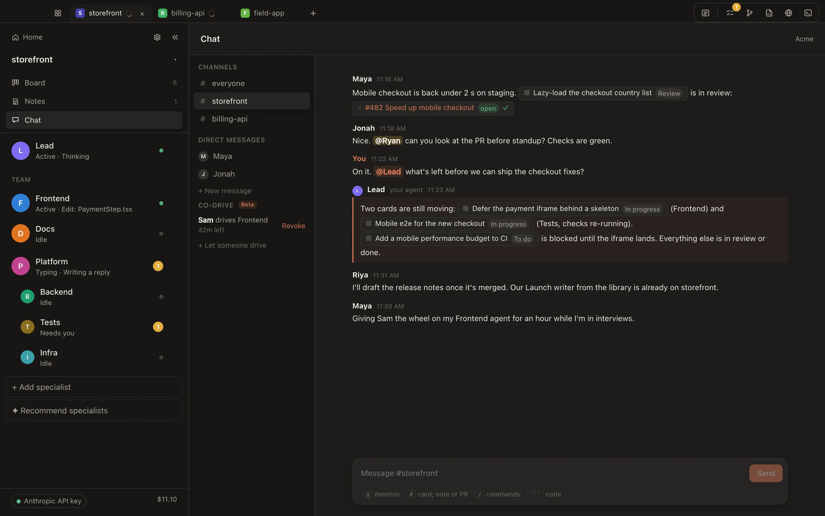 The storefront team channel: teammates link a card and a PR, mention a person and ask the Lead agent, which answers with the status of three cards. The sidebar lists channels, DMs and a co-drive grant.