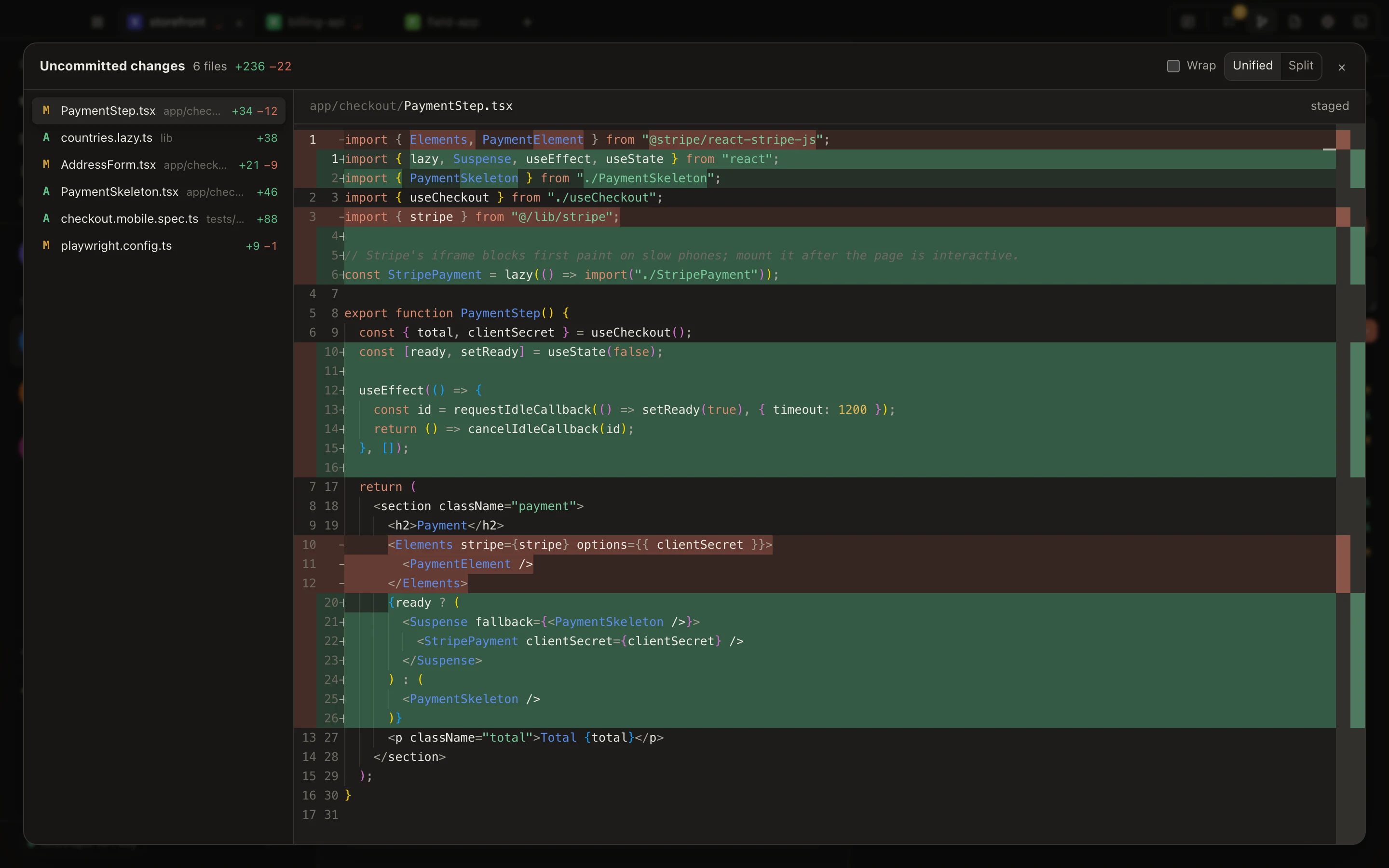 The diff viewer reviewing six uncommitted files, showing PaymentStep.tsx deferring the Stripe iframe behind a skeleton.
