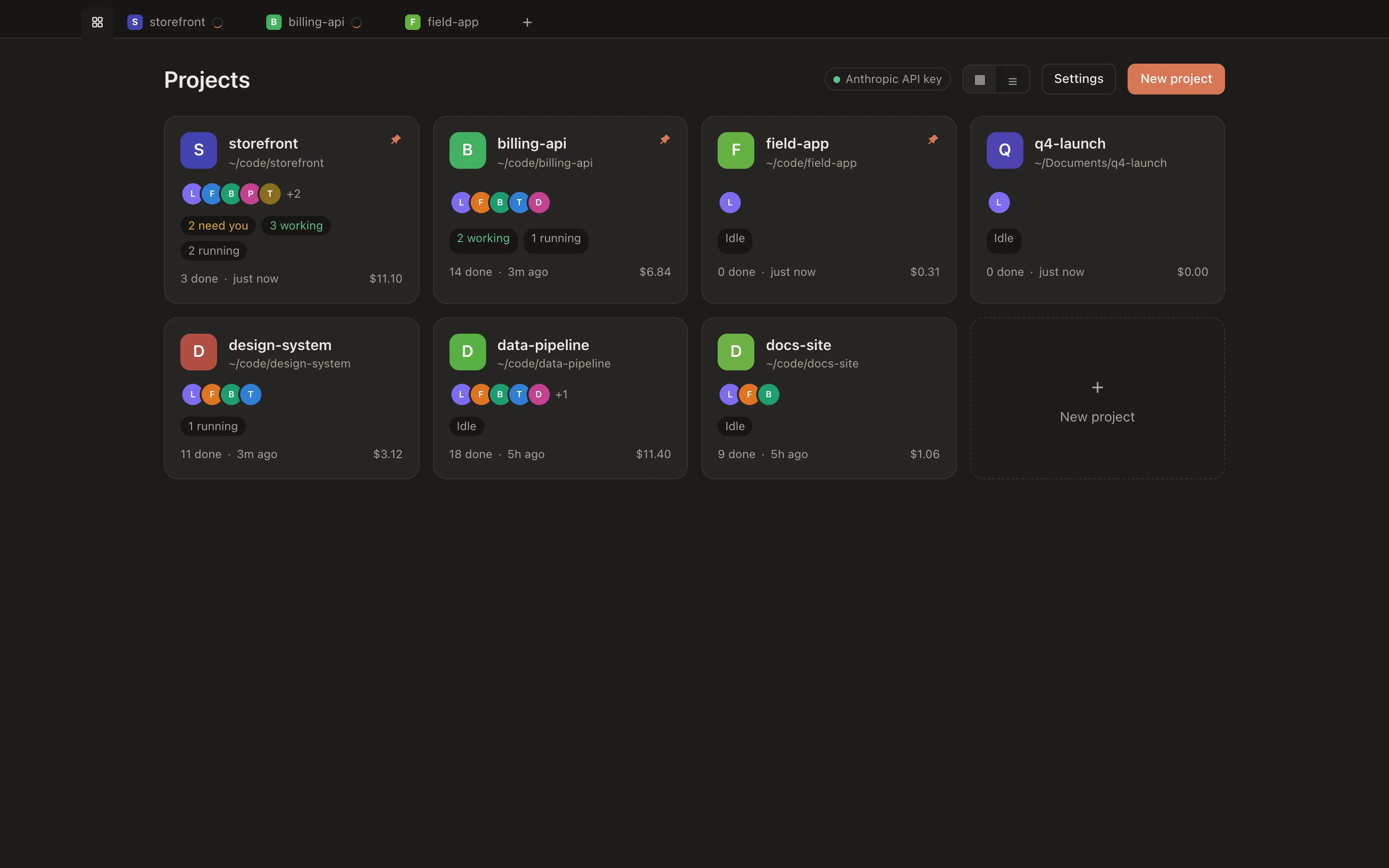 The Projects home: six project cards with team avatars, who's working or needs you, tasks done and cost.