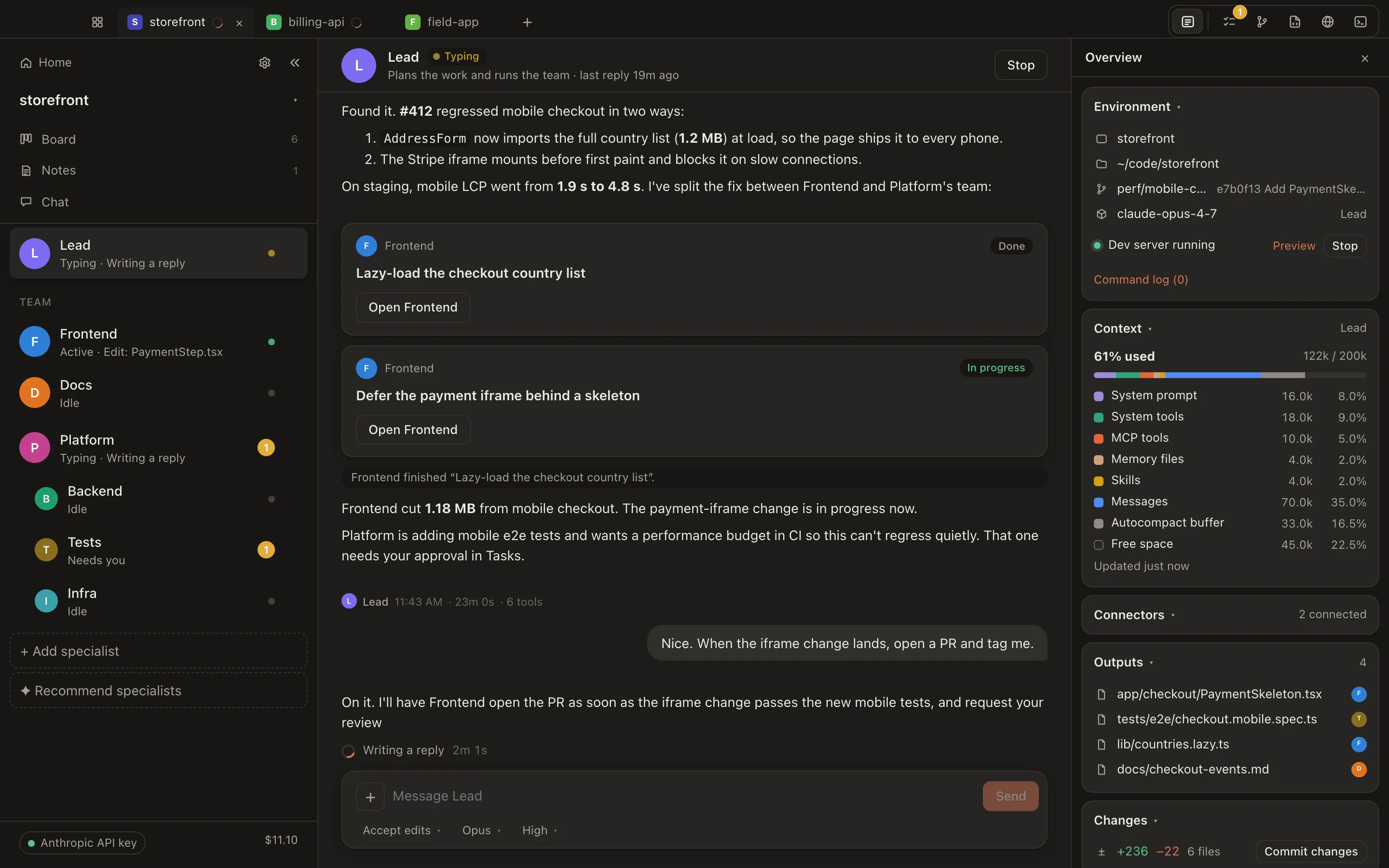 The Lead agent's chat: it diagnosed a mobile checkout regression and split the fix into tasks for Frontend and a Platform sub-team, with the Overview pane showing context usage, outputs and changes.
