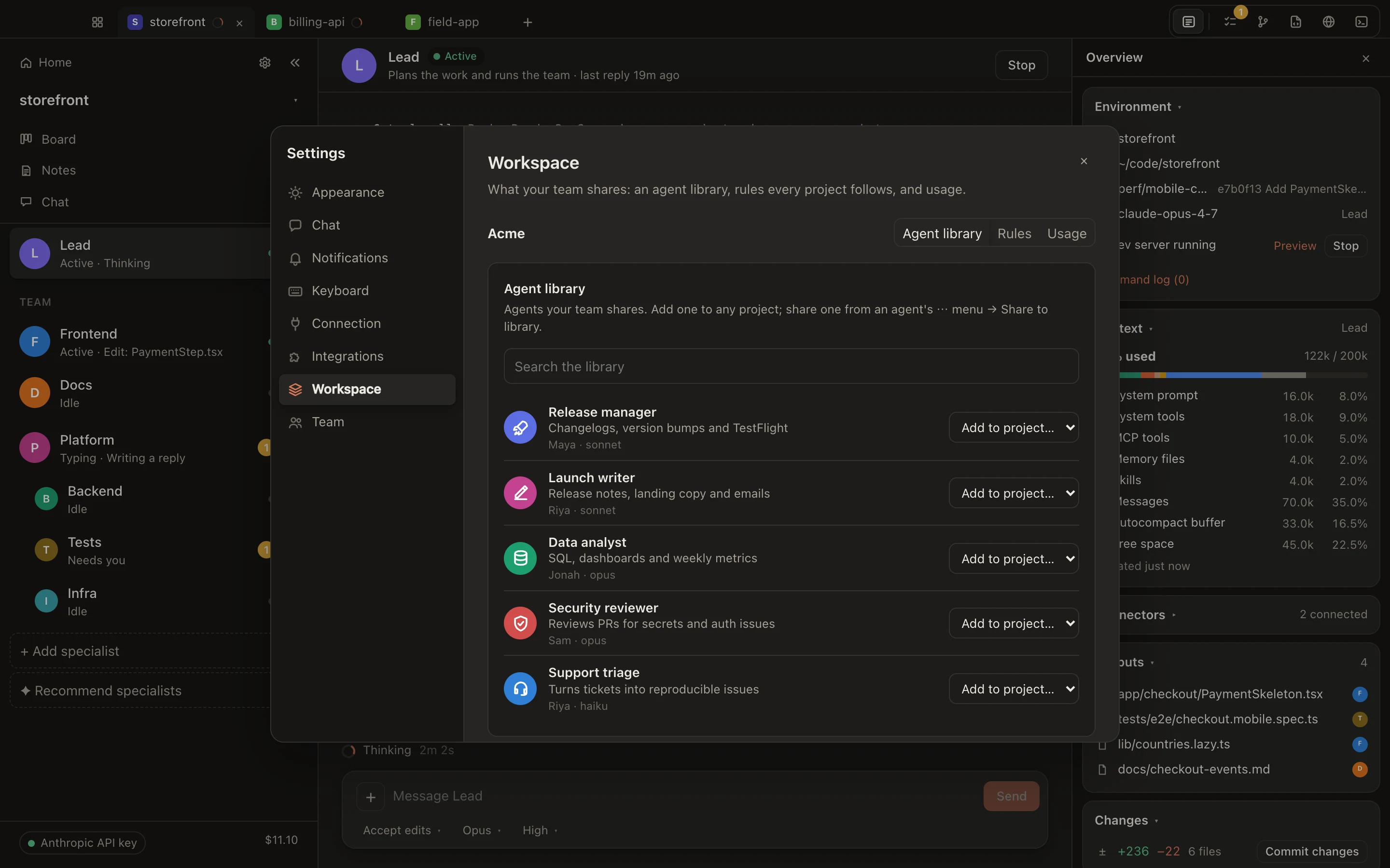 Settings, Workspace: the Acme agent library with Release manager, Launch writer, Data analyst, Security reviewer and Support triage, each with an Add to project menu.