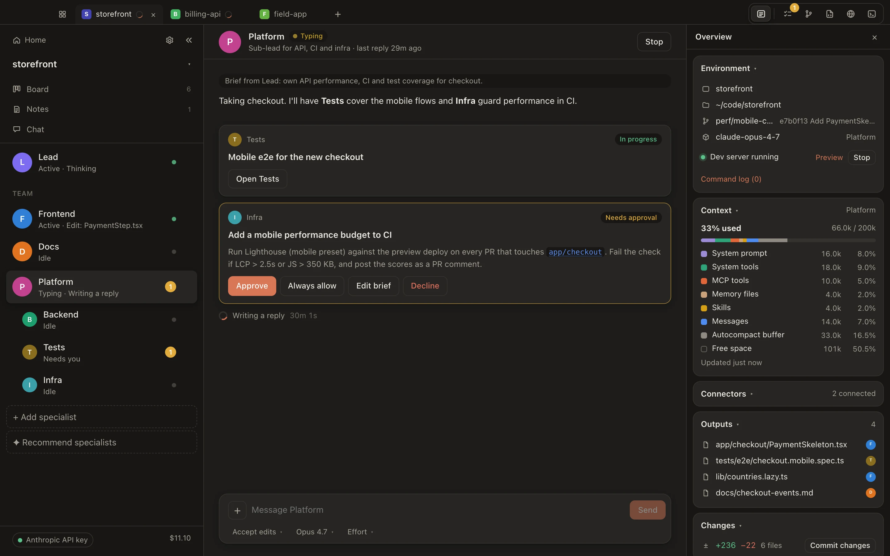 The Platform sub-lead's chat, with Backend, Tests and Infra nested under it in the sidebar.