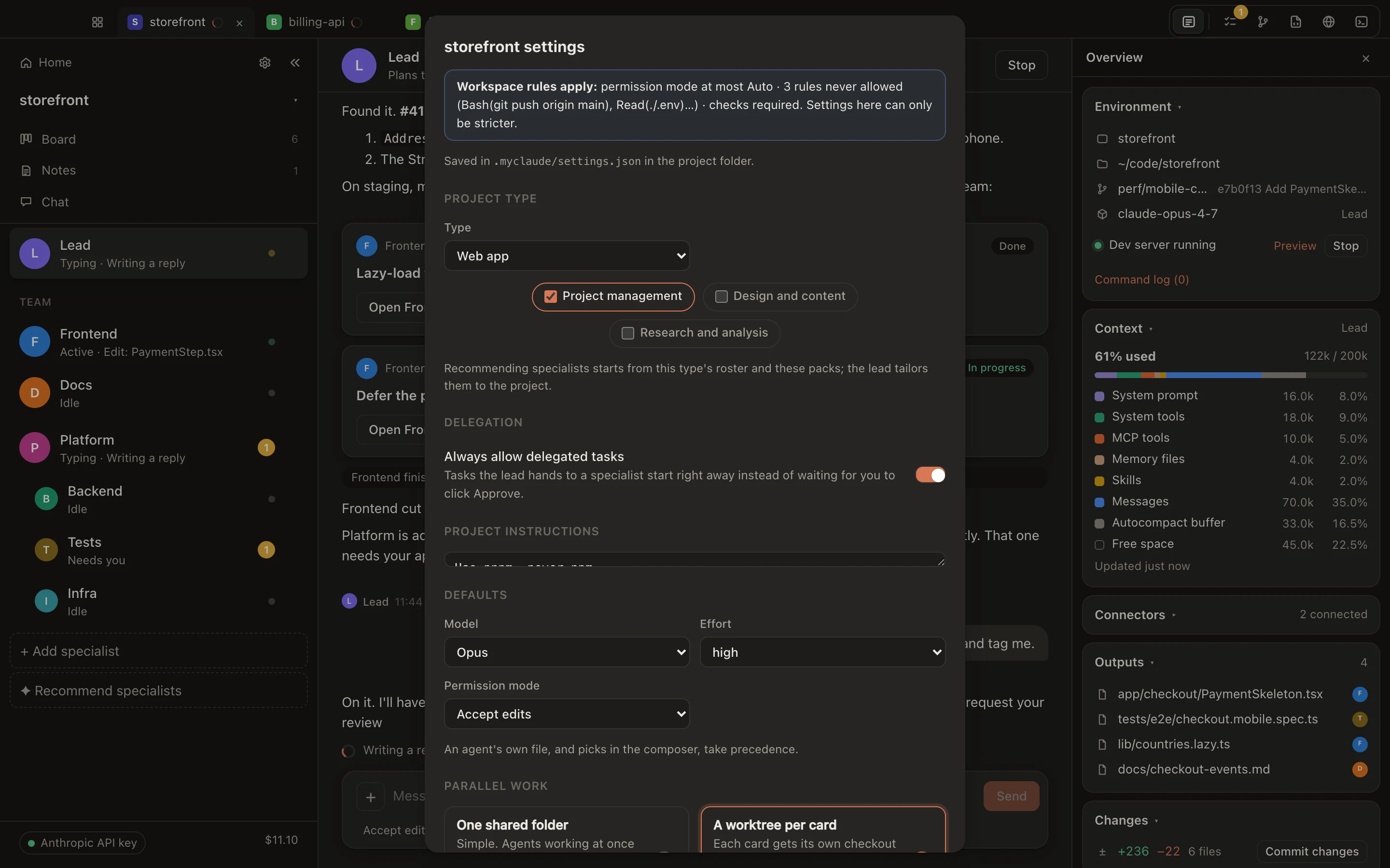 Project settings saved in .myclaude/settings.json: always allow delegated tasks, project instructions, default model, effort and permission mode, and the list of agents.