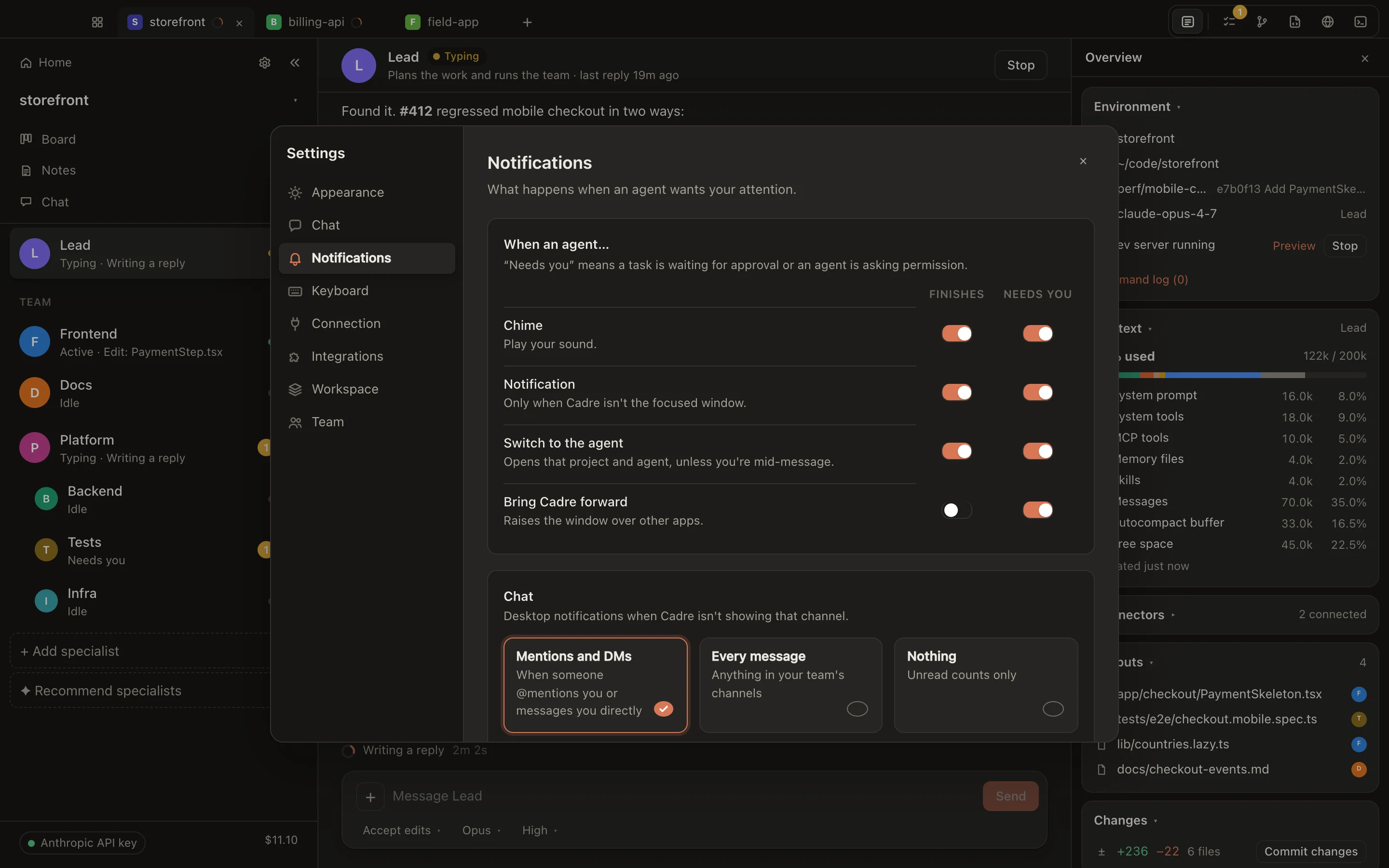 Attention settings: switches for chime, notification, switch to agent and bring to front, for when an agent finishes or needs you.